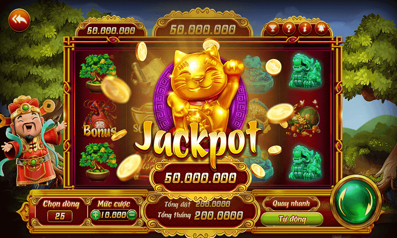Hình ảnh giao diện máy đánh bạc (slot game) với các biểu tượng quay số và dòng chữ JACKPOT lớn, thể hiện sự đa dạng và cơ hội thắng lớn.